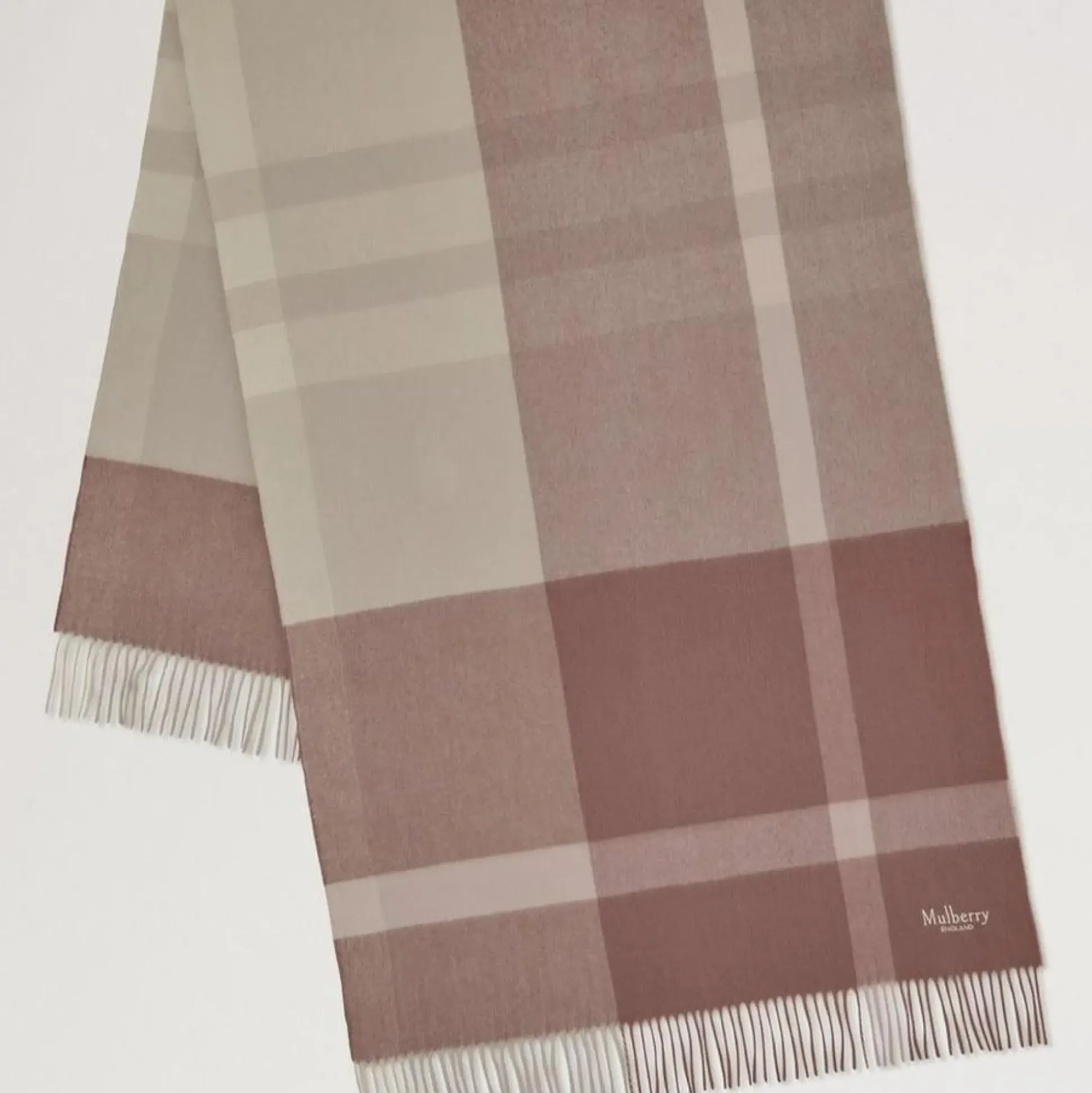 Mulberry Large Check Merino Wool Scarf Autumn Rose & Powder Rose Merino Wool