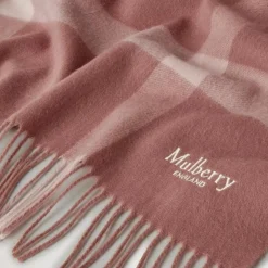 Mulberry Large Check Merino Wool Scarf Autumn Rose & Powder Rose Merino Wool