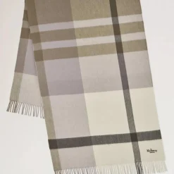 Mulberry Large Check Merino Wool Scarf Eggshell & Olive Merino Wool