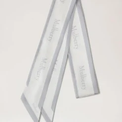 Mulberry Skinny Scarf - Logo Boarder Pale Grey-White Recycled Polyester